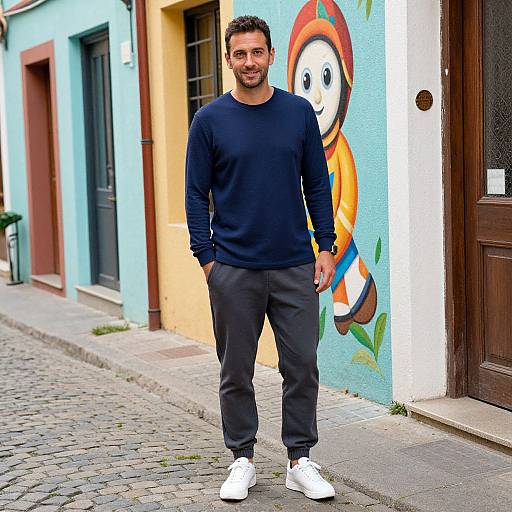 Photograph of a bearded man in a navy sweater, black pants, and white sneakers, standing on a cobblestone street with colorful, cartoon