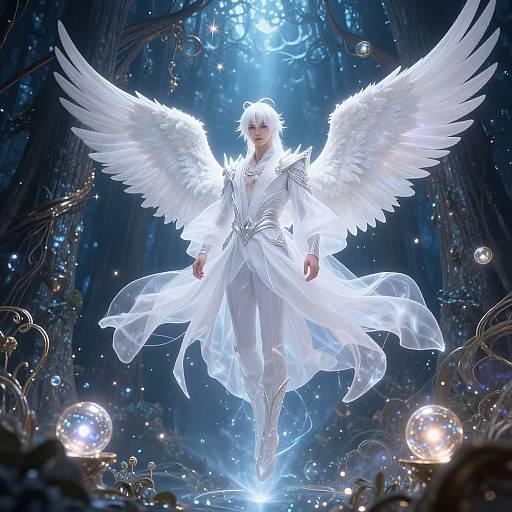 Digital artwork of an angelic figure with white wings and flowing white robe, illuminated by blue light, surrounded by glowing orbs and twinkling stars in a