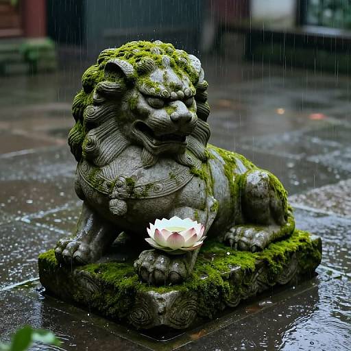 Photograph of a moss-covered, stone lion statue with a glowing white lotus flower in its paw, sitting on a wet, rain-soaked pavement