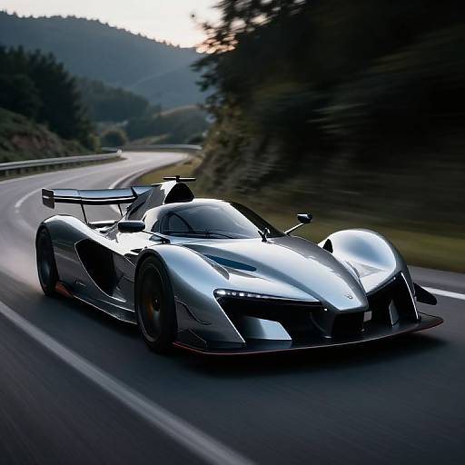 Photorealistic CGI of a sleek, silver supercar with a large rear spoiler racing on a winding mountain road at dusk.