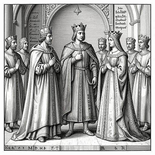 Black-and-white medieval illustration of seven crowned nobles in long robes, standing in an arched hall, engaging in discussion. Text in German on the