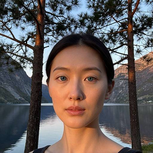 East Asian Woman's Serene Fjord Portrait