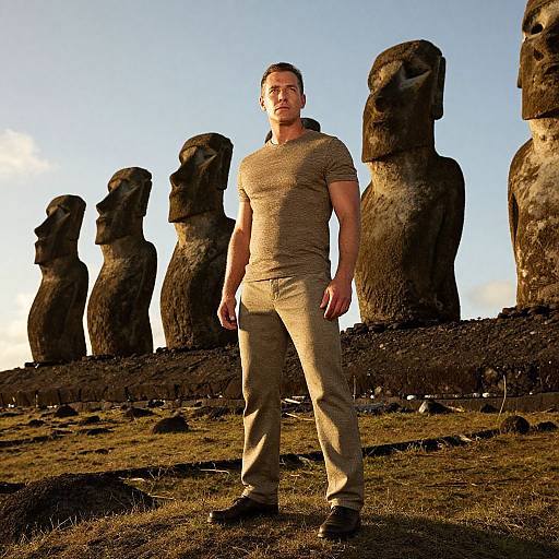 Photograph of a muscular, blond Caucasian man in a brown shirt and beige pants standing before giant Easter Island Moai statues under a clear blue sky.