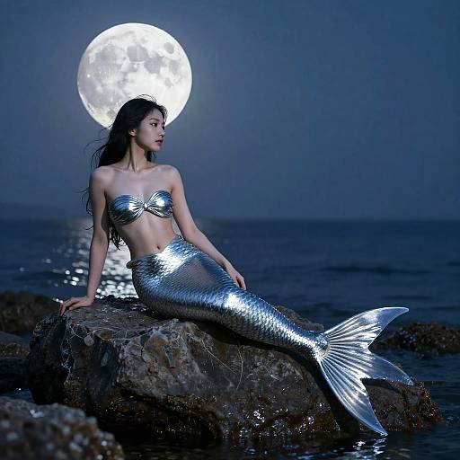 Photograph of a silver mermaid with long black hair, sitting on a rocky shore under a full moon, reflecting on dark blue ocean water.