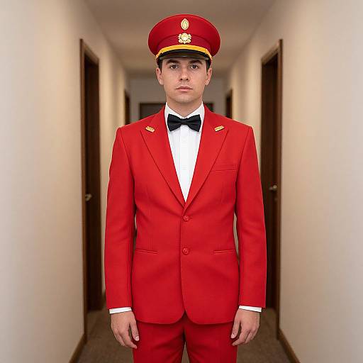 Photograph of a young man in a red flight attendant uniform with matching hat, black bow tie, white shirt, standing in a white-walled hallway