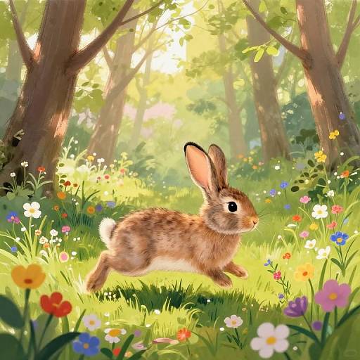Digital illustration of a brown rabbit with large ears, leaping through a sunlit forest clearing filled with colorful wildflowers and lush greenery.