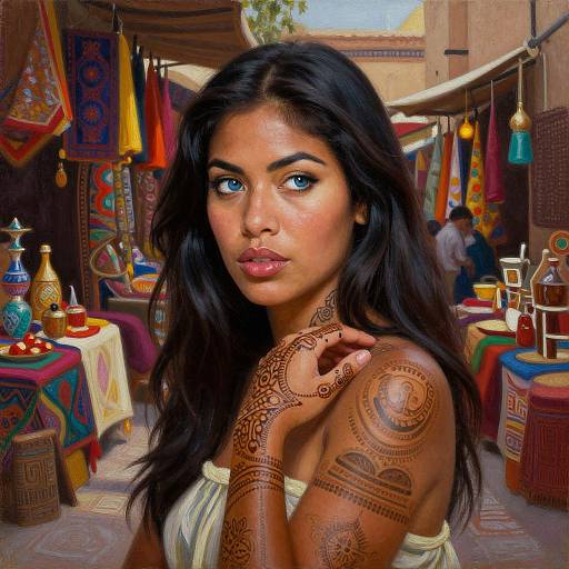 Photorealistic digital art of a beautiful South Asian woman with dark hair, intricate henna tattoos, blue eyes, and a white strapless top,