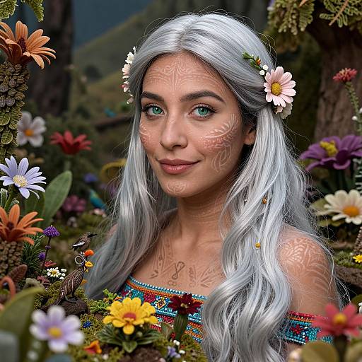 Digital artwork of a beautiful woman with silver hair, green eyes, and intricate white facial tattoos, surrounded by colorful flowers. She wears a beaded,