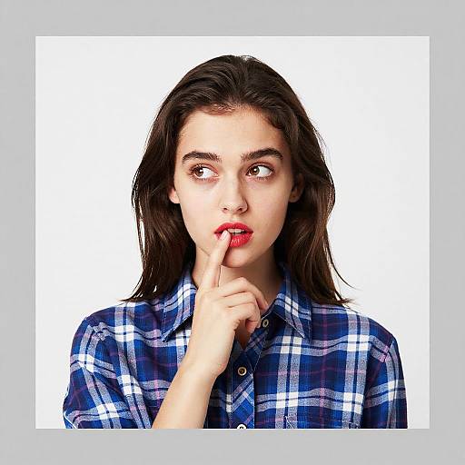 Photograph of a young woman with fair skin, dark brown hair, and red lipstick, wearing a blue plaid shirt, with her finger on her