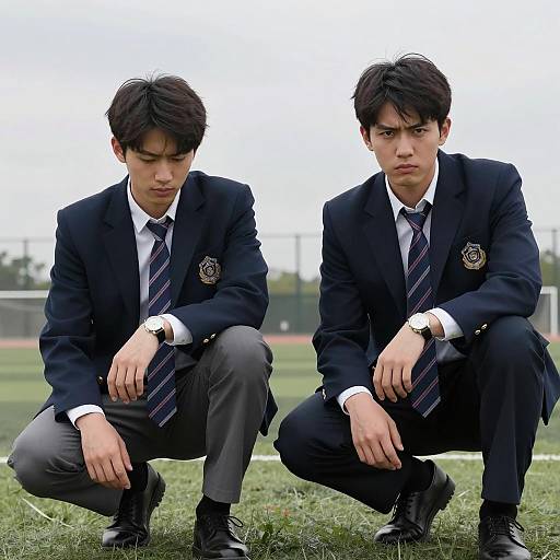 Two Men in School Uniforms Squatting on Field