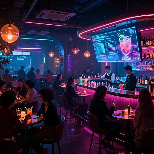 Neon-lit bar scene: patrons with drinks sit at tables, bartender in vest serves, vibrant pink and blue neon lights, hanging orbs, and
