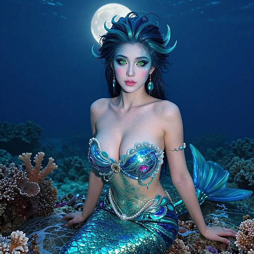 Digital art of a beautiful mermaid with glowing green eyes, blue sequined top, and shimmering tail, sitting on a coral reef under a full