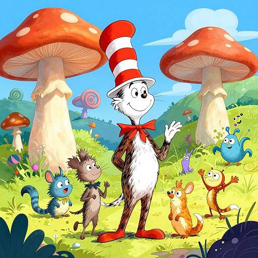 Colorful cartoon illustration of Dr. Seuss's Cat in the Hat with red-and-white hat and bowtie, surrounded by whimsical animals and giant