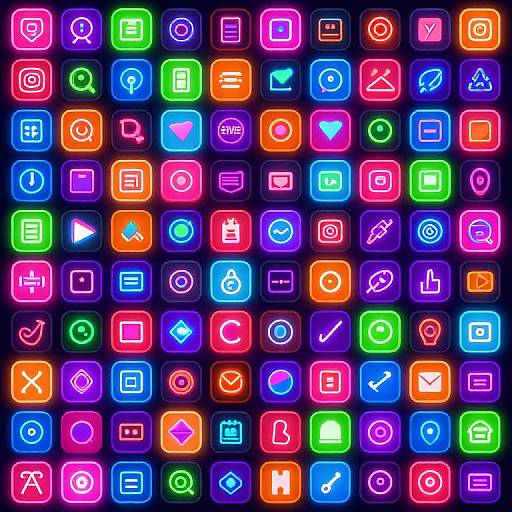Vibrant neon grid of colorful app icons with glowing outlines on a dark background, featuring various symbols and icons.