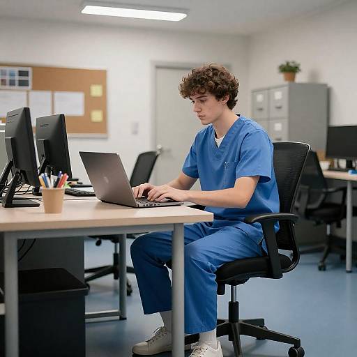 Young Man in Scrubs Working at Desk