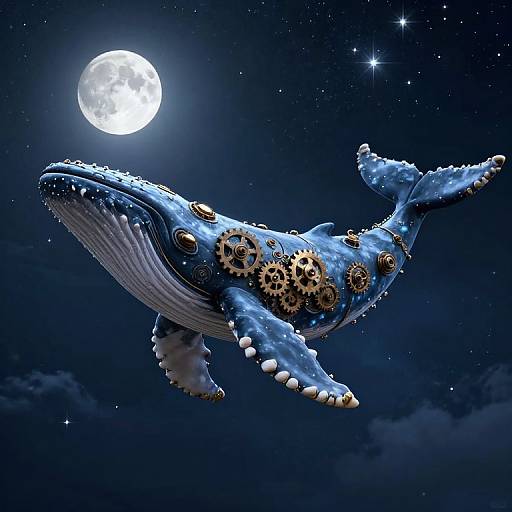 Fantastical blue whale with gears, flying under a full moon in a starry night sky, blending marine and steampunk elements.