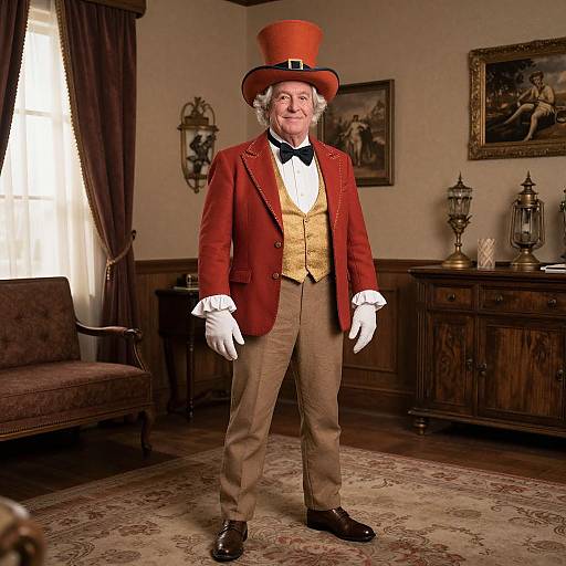 Photograph of an elderly man in vintage attire: red jacket, top hat, brown pants, white gloves, standing in a warmly lit, antique-de