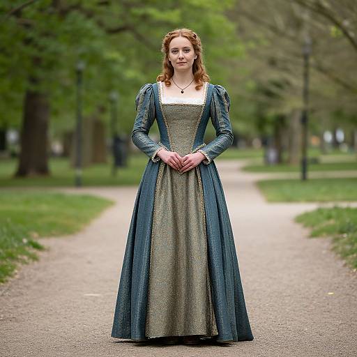 Photograph of a red-haired woman in a Renaissance-style green and blue dress standing on a park pathway, surrounded by lush green trees.