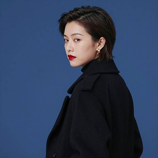 Elegant Woman in Black High-Collared Coat