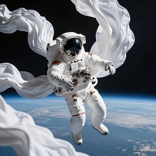 Photorealistic CGI of an astronaut in a white spacesuit with flowing fabric, floating in space above Earth's blue horizon.