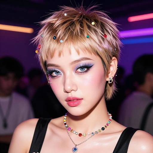 Photograph of a young woman with short blonde hair, colorful hairpins, blue eyeshadow, red lipstick, and a beaded necklace, set