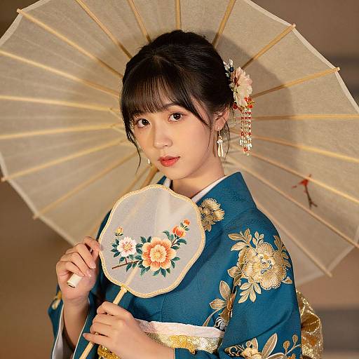 Photograph of an East Asian woman in a blue floral kimono, holding a decorative fan and beige parasol, with a floral hairpin, against