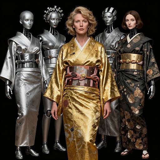 Photograph of a blonde woman in a shiny gold kimono with a red obi, flanked by three silver robot figures and a brunette woman in