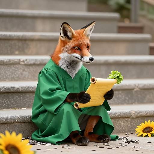 Photograph of a fox in a green graduation robe, holding a parchment with a sunflower, seated on stone steps with blurred background. Bright colors and