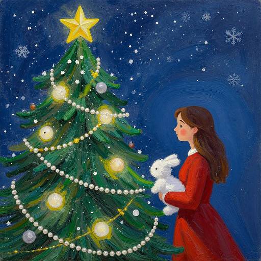 Digital painting of a young woman in a red dress, holding a white rabbit, gazing at a brightly lit Christmas tree with a glowing star, against