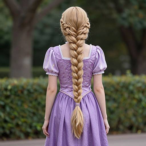 Photograph of a blonde woman with a long, braided ponytail, wearing a lavender, puffed-sleeve, Victorian-style dress, standing