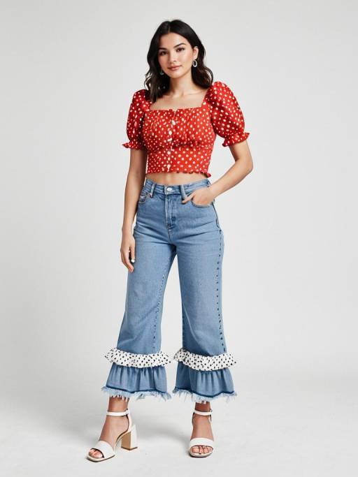Woman in Red Polka Dot Crop Top and Frilled Denim Jeans