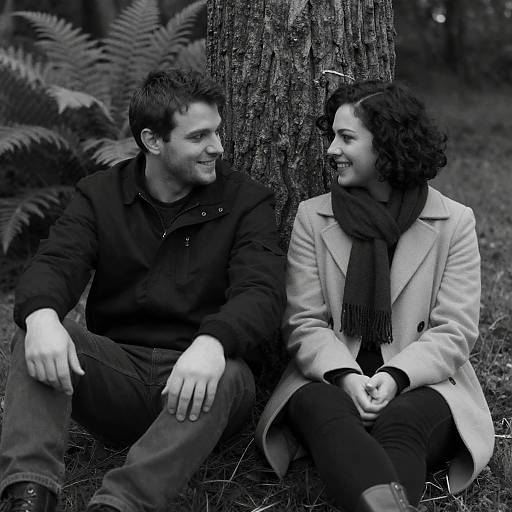 Black-and-white photograph of a smiling couple sitting against a tree in a forest, with the woman wearing a coat and scarf.