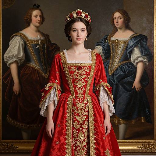 Photograph of a young woman in an ornate red and gold Renaissance-style dress, flanked by two men in similar period attire, standing in front