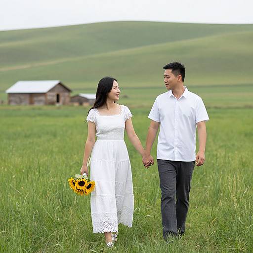 Photograph of an Asian couple holding hands, walking in a lush green field, both wearing white outfits, she holds sunflowers, with a distant wooden