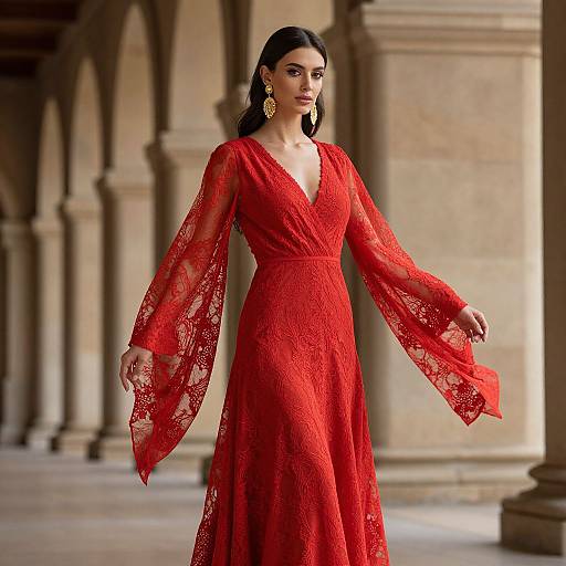 Photograph of a dark-haired woman in a red lace gown with long sleeves, standing in a sunlit, arched stone courtyard. She wears gold