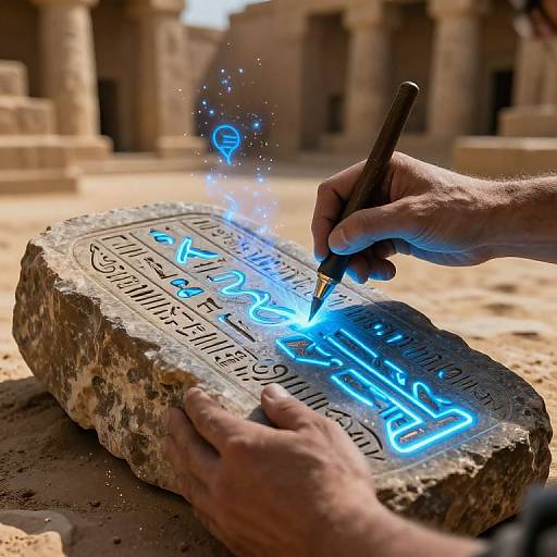 Photograph of hands writing glowing blue hieroglyphs on ancient stone tablet in a sunlit, sandy Egyptian temple courtyard.