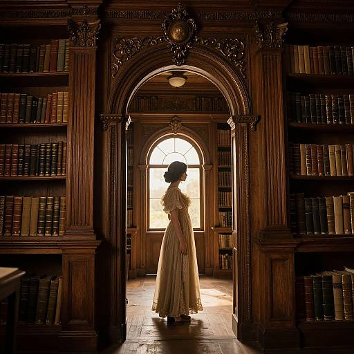 Photograph of a woman in a long, cream-colored dress standing in an ornate, dimly-lit library archway, backlighted by a