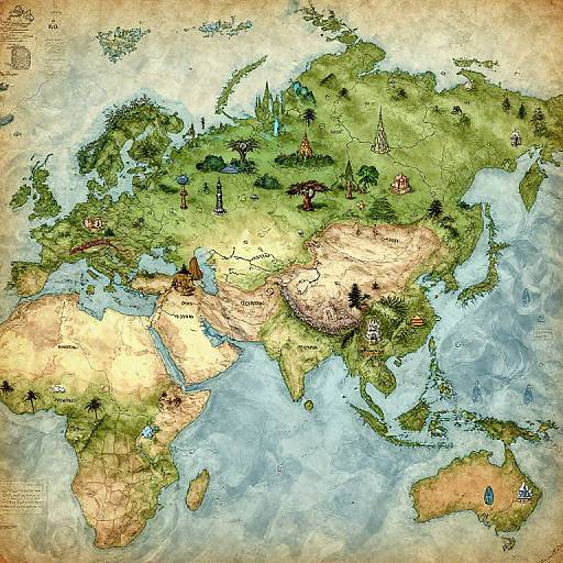 Illustrated map of Europe and Asia with detailed green, yellow, and brown landscapes, featuring castles, forests, rivers, and towns.