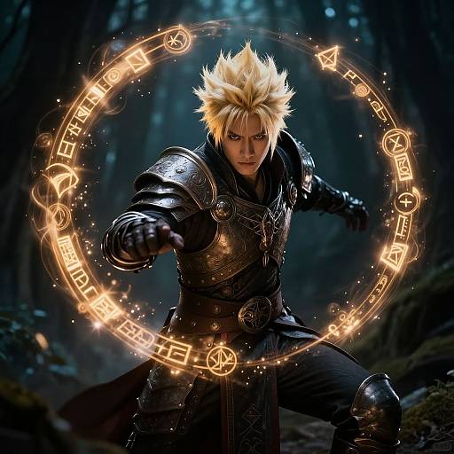 Digital artwork of a blond-haired, armored warrior casting a glowing magic circle with runes in a dark forest. Intense expression, dynamic pose, and eth