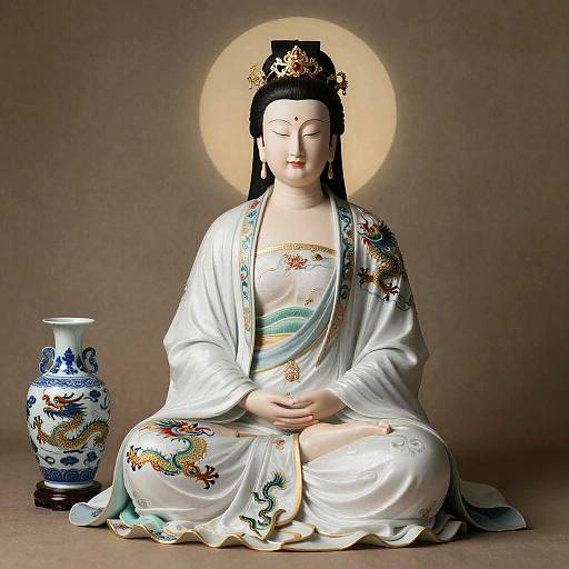 Photograph of a serene, white-robed, Asian-style Buddha statue with black hair, golden crown, and floral embroidery, seated cross-legged, beside