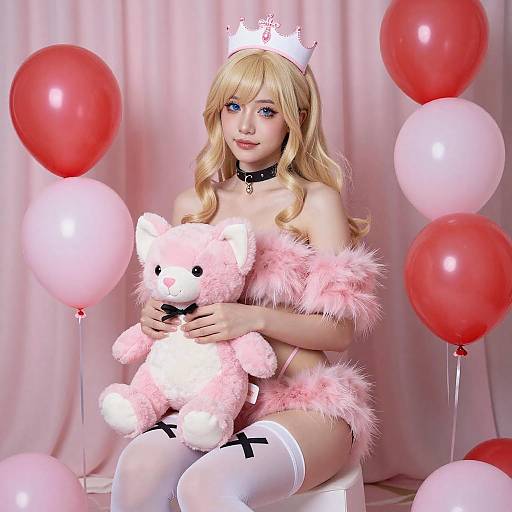 Blonde Woman with Crown and Plush Toy