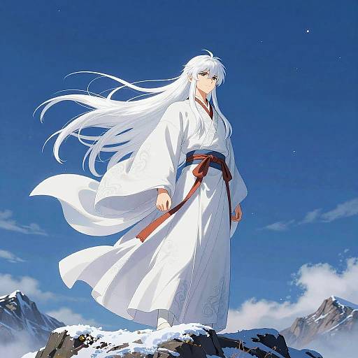 Digital anime-style drawing of a white-haired, fair-skinned woman in a white kimono with a red belt, standing on a snowy mountain peak against