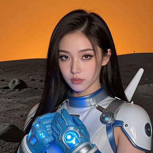 Photorealistic digital portrait of an Asian woman with long black hair, wearing futuristic white armor with blue glowing gloves, against an orange sunset on a rocky