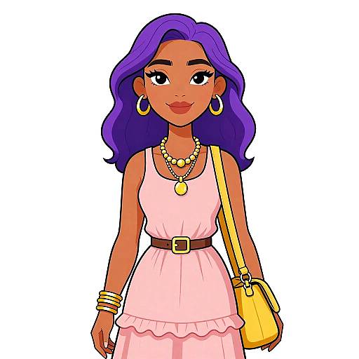 Digital illustration of a smiling, dark-skinned woman with purple hair, wearing a pink dress, gold hoop earrings, bracelet, necklace, and yellow purse