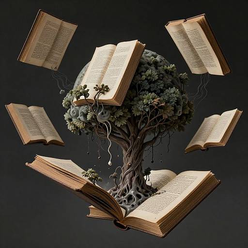 Digital artwork of a mystical tree with open, floating books, roots entwined, surrounded by glowing pages against a dark background.