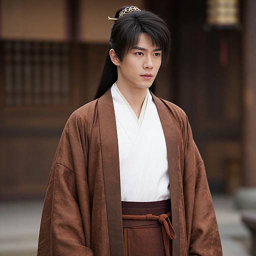 Photograph of a young Asian man with black hair in a ponytail, wearing a brown kimono over a white hakama, standing in front of