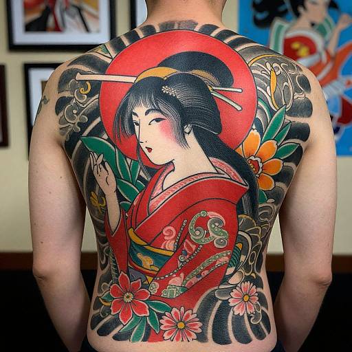Photograph of a man's back with a vibrant, traditional Japanese-style tattoo of a geisha with a red circle halo, surrounded by flowers and black