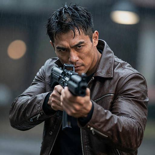 Man Aiming Firearm in Rain