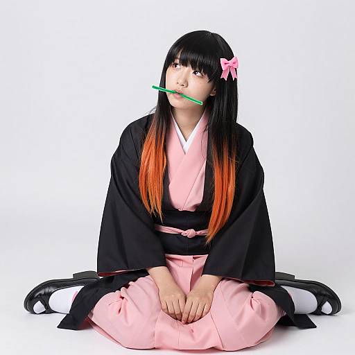 Young Asian woman in kimono sitting on floor