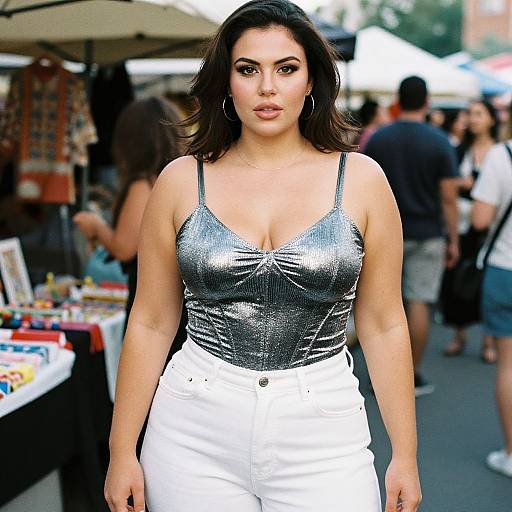 Photograph of a curvy woman with dark hair, silver sequin top, white high-waisted pants, standing confidently at an outdoor market,